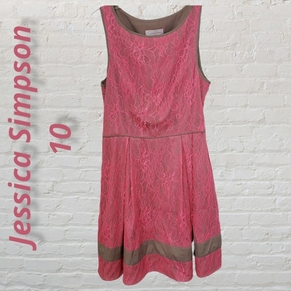Jessica Simpson Tank Dress Fit Flare Pockets Salmon Pink Lace over Taupe 10 EUC - Picture 3 of 13